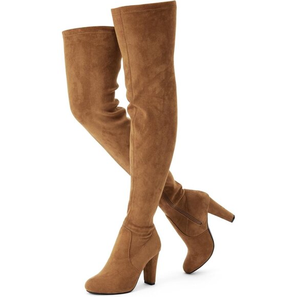 Women's Camel Brown Suede Inner Zipper Thigh High Over The Knee High Heel Boots - Picture 1 of 7